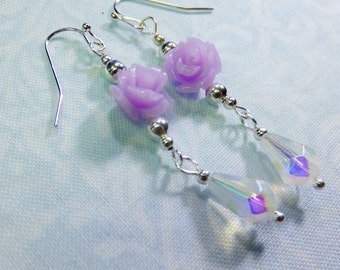 Rose Lover Earrings Lavender Resin Rose Beads with Crystal Teardrop Beads Dangle