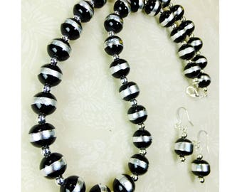 Set Necklace and Dangle Earrings In Black Glass Beads with Silver Bands