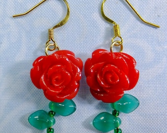 Romantic Red Roses Earrings Blood Red Resin Rose Beads with Tiny Green Leaf Beads Dangle Style