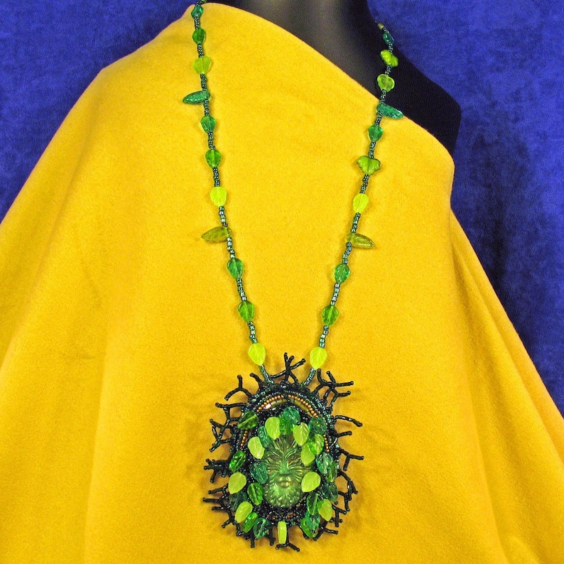 Bead Embroidered Polymer Clay Celtic Greenman Necklace with Green Branch and Glass Leaf Fringe Handcrafted