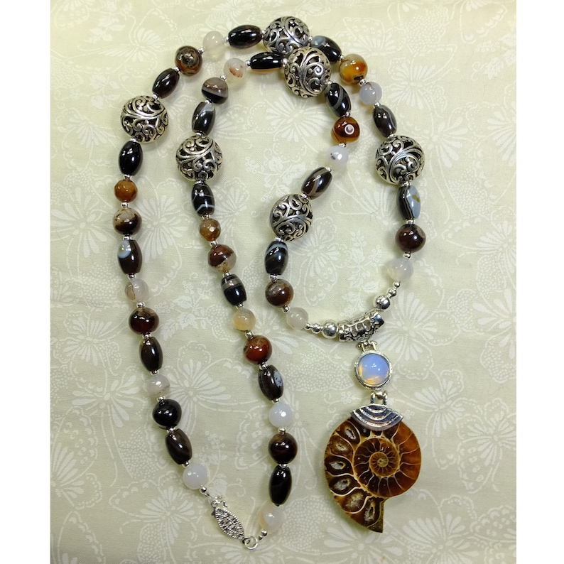 Ancient Ammonite Pendant w Sea Opal Glass Accent /& Various Agate Beads w Silver Plated Filigree Beads Necklace OOAK