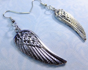 Silvery Bird Wings Dangle Earrings Medium Size One and a Half Inches Long