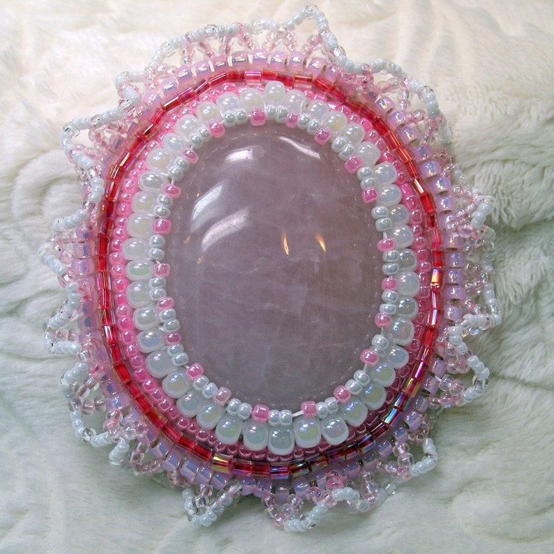 Pink Rose Quartz Brooch Bead Embroidered Pink and White Bead Lace Border OOAK image 1