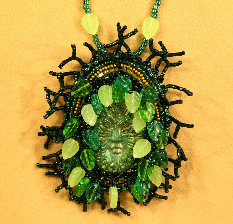 Bead Embroidered Polymer Clay Celtic Greenman Necklace with Green Branch and Glass Leaf Fringe Handcrafted
