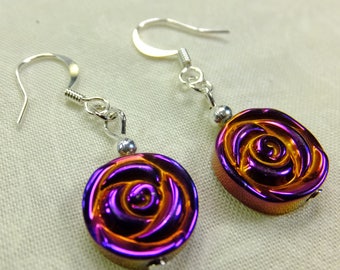 Dark Metallic Purple Glass Roses Dangle Earrings Lightweight