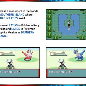 May include: A screenshot from the Pokemon Ruby and Sapphire video games showing the legendary Pokemon Latias and Latios. The text on the screen reads "Wild LATIAS appeared!" and "Wild LATIOS appeared!"