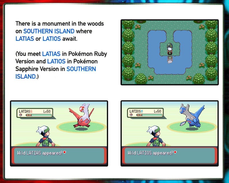 May include: A screenshot from the Pokemon Ruby and Sapphire video games showing the legendary Pokemon Latias and Latios. The text on the screen reads "Wild LATIAS appeared!" and "Wild LATIOS appeared!"