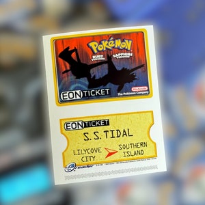 May include: A yellow and white Eon Ticket for the Pokemon Ruby and Sapphire video games. The ticket is for the S.S. Tidal, which travels from Lilycove City to Southern Island.