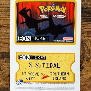 May include: A yellow and white Eon Ticket for the Pokemon Ruby and Sapphire video games. The ticket is for travel on the S.S. Tidal from Lilycove City to Southern Island.