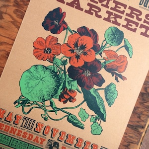 FARMERS MARKET Nasturtium, hand printed Letterpress print, Knoxville TN art Kitchen decor Garden art Flower Edible flowers farm to table art