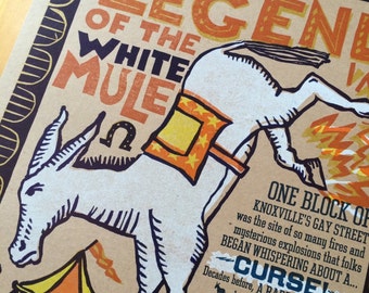 LOW Legend of the WHITE MULE hand printed letterpress print, vintage wood type lead type, handmade, art, knoxville, gay street, gift, print