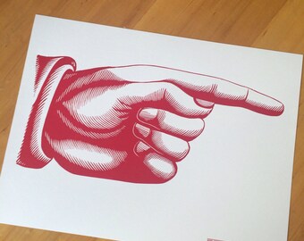 Giant POINTY FINGER Pointing RIGHT Hand Printed Letterpress Poster on Kraft cardstock