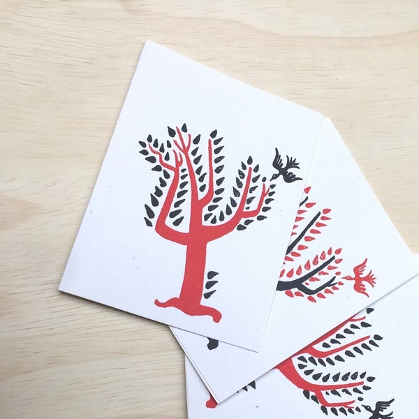 Jim Flora RED TREES with BIRD Letterpress Cards with Envelopes Yee-Haw 4 pack