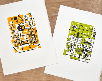 Set of 2 JAZZ PRINTS by JD King, Hand Printed Letterpress Art Print, vintage music inspired, geometric, cubist, Mid Century Modern, mcm