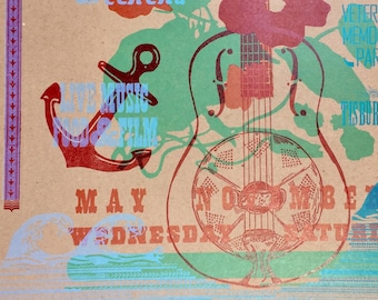 Ocean themed farmers market MONOPRINT POSTER Letterpress Martha's Vineyard beach art, One of a Kind, floral red makeready press sheet