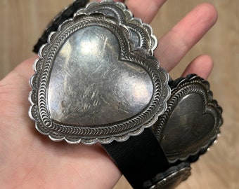 Vintage HEART CONCHO Belt Sterling silver, Native American 10 conchos and matching larger buckle signed DM, gift for women or men