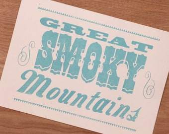 1 GREAT SMOKY MOUNTAINS Single Card, Hand Printed Letterpress, antique wood type, Southern greeting card, Thank you note postcard, Tennessee