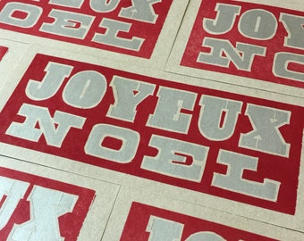 JOYEUX NOEL 8 cards hand printed letterpress, holiday greetings, red and silver, french merry christmas, antique vintage wood type, rustic
