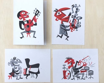 8 MUSICIAN cards, letterpress hand printed, vintage Jim FLora imagery 1955, gift saxophone drummer piano guitar Mid Century jazz Christmas