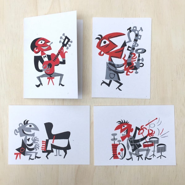 8 MUSICIAN cards, letterpress hand printed, vintage Jim FLora imagery 1955, gift saxophone drummer piano guitar Mid Century jazz Christmas