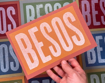 4 BESOS Kisses Cards Letterpress Hand Printed oversized A10 size card on recycled paper kraft envelopes, rainbow color inks, Spanish kisses