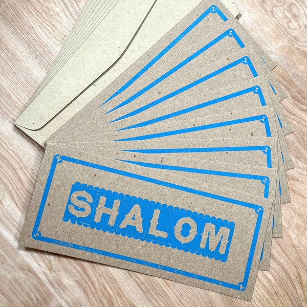 Blue SHALOM GREETING CARDS 8 pack, Hand Printed Letterpress on recycled card stock, peace, jewish, contemporary cards, wood type in blue ink