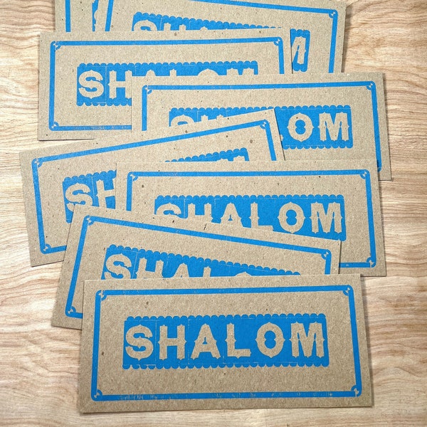 SHALOM GREETING CARDS 8 pack blue, hand printed letterpress on recycled card stock, jewish for peace, contemporary cards, wood type blue ink