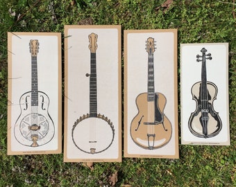 4 INSTRUMENT POSTERS Fiddle Banjo Archtop Guitar Dobro Resonator Linocut Relief Prints Wall Art Bluegrass Music Gift Musicians Instruments