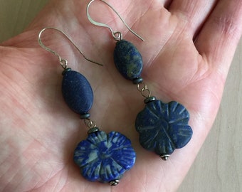 FLOWER EARRINGS Lapis Lazuli drops with sterling silver ear wires one-of-a-kind, gemstone jewelry, handmade by Sharon McRorie