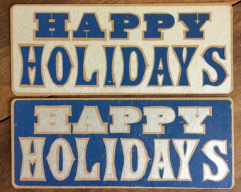 HAPPY HOLIDAYS 8 Cards hand printed letterpress, Christmas greetings, blue and silver, antique vintage wood type, rustic holiday decor art