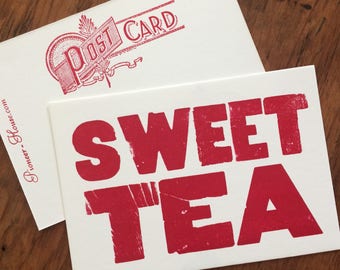 6 SWEET TEA Red Hand Printed Letterpress postcards Southern art Iced Tea Kitchen decor Southern cooking Foodie gift Tennessee foodie sign