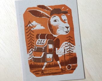 1 HIKING BUNNY CRITTER Greeting Card, Letterpress, Framable Art, Hand Printed Letterpress Print camping rabbit outdoorsy backpacking outside