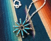 Delicate Zuni NECKLACE Pendant Pin TURQUOISE pinwheel CLUSTER Sterling Silver Native American Jewelry Handmade Petit Point Needlepoint