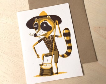 1 RACCOON BASS Pickin CRITTER Greeting Card, Letterpress, Framable Art, Hand Printed Letterpress Print musician old time music washtub art