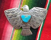 TURQUOISE THUNDERBIRD PIN and Pendant sterling silver signed B Johnson great gift, bird eagle Native American handmade Navajo hatpin Phoenix