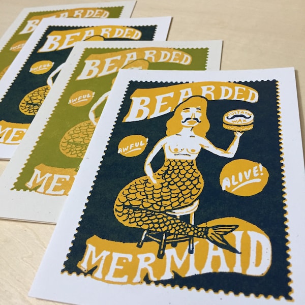 8 BEARDED MERMAID SIDESHOW Greeting Cards, Letterpress, Framable Art, beards mustache wax ad banner, bearded lady awful alive half fish