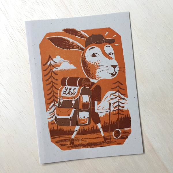 1 orange HIKING BUNNY CRITTER card hand printed letterpress rabbit outside backpacking camping outdoorsy backpack tentroll mountains rustic