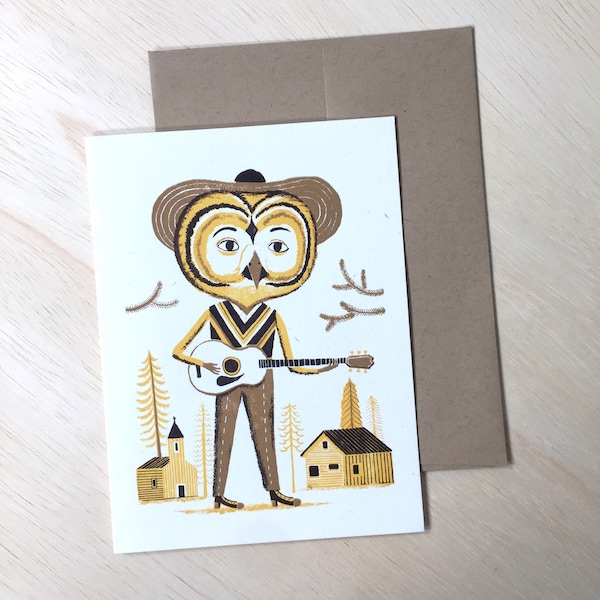 1 GUITAR OWL Pickin CRITTER Greeting Card, Letterpress, Framable Art, Hand Printed Letterpress Print musician old time music acoustic bird