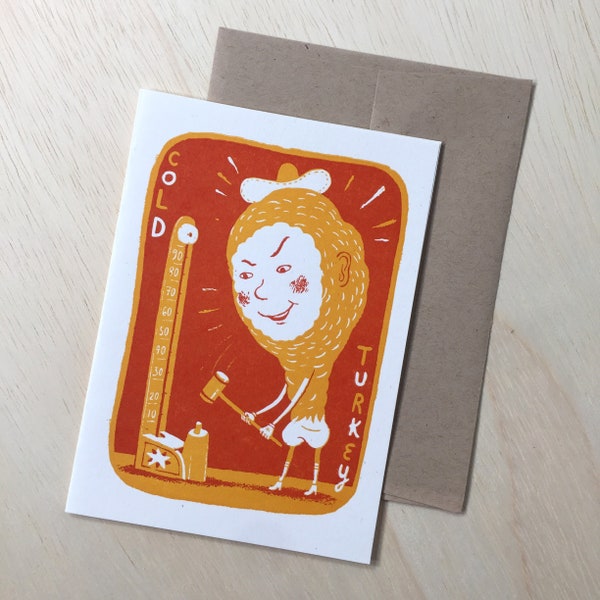 1 orange COLD TURKEY Carnival greeting card hand printed letterpress strongman high striker funfair game hit-the-bell turkey leg fair food