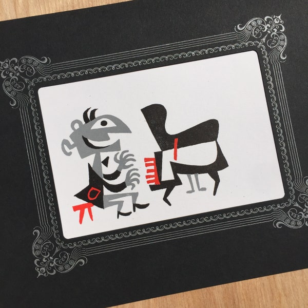 JIM FLORA PIANO Player in Hand Printed Letterpress Black Mat Vignette Jazz Musician Gift Cubism Art Studio Wall Decor Music Instrument Play