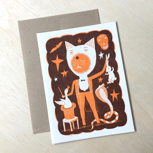 1 MAGIC CAT Magician Greeting Card, Letterpress, Framable Art, Hand Printed Letterpress Print feline pull a rabbit out of a hat magic wand