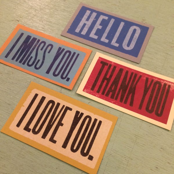 40 MINI NOTE CARDS Letterpress gift enclosures, Thank You, I Miss You, Hello, I Love You tags hand printed lunch box notes vintage style