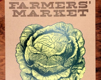 FARMERS MARKET CABBAGE or Lettuce Fresh Produce Hand Printed Letterpress Poster