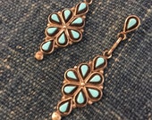 TURQUOISE EARRINGS ZUNI dangle from posts, sterling silver, gift for her, womens jewelry, zuni jewelry, petit point earrings, needlepoint