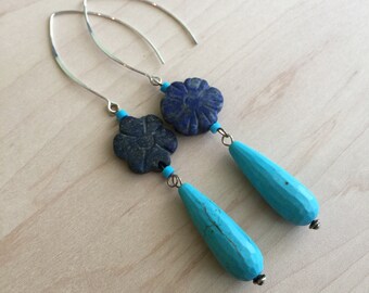 Delicate Blue Tibetian Turquoise Sterling Silver Overlay Earring 1.5 Handmade Jewelry