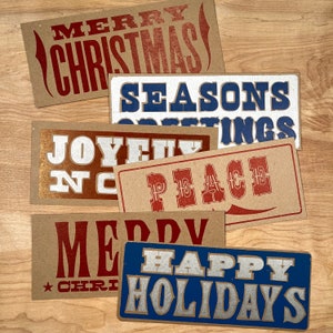 HOLIDAY BULK PACKS 48 cards 6 packs hand printed letterpress, Merry Christmas, Happy Holidays, Peace, Seasons Greetings, red & blue, rustic image 1