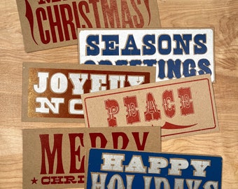 HOLIDAY BULK PACKS 48 cards 6 packs hand printed letterpress, Merry Christmas, Happy Holidays, Peace, Seasons Greetings, red & blue, rustic