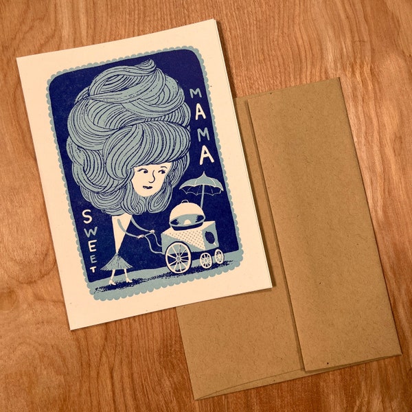 1 blue SWEET MAMA greeting MOTHER'S Day card hand printed letterpress baby shower cotton candy beehive hairdo mom appreciation stroller art