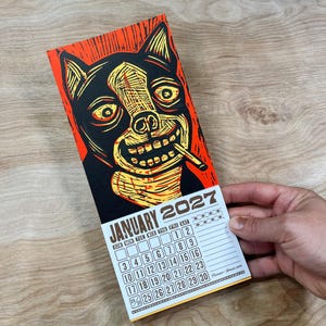 SMOKING DOG CALENDAR 2027 Hand Printed Letterpress, small woodcut, canine lovers gift, pet people, funny dogs, secret santa stocking stuffer bild 1