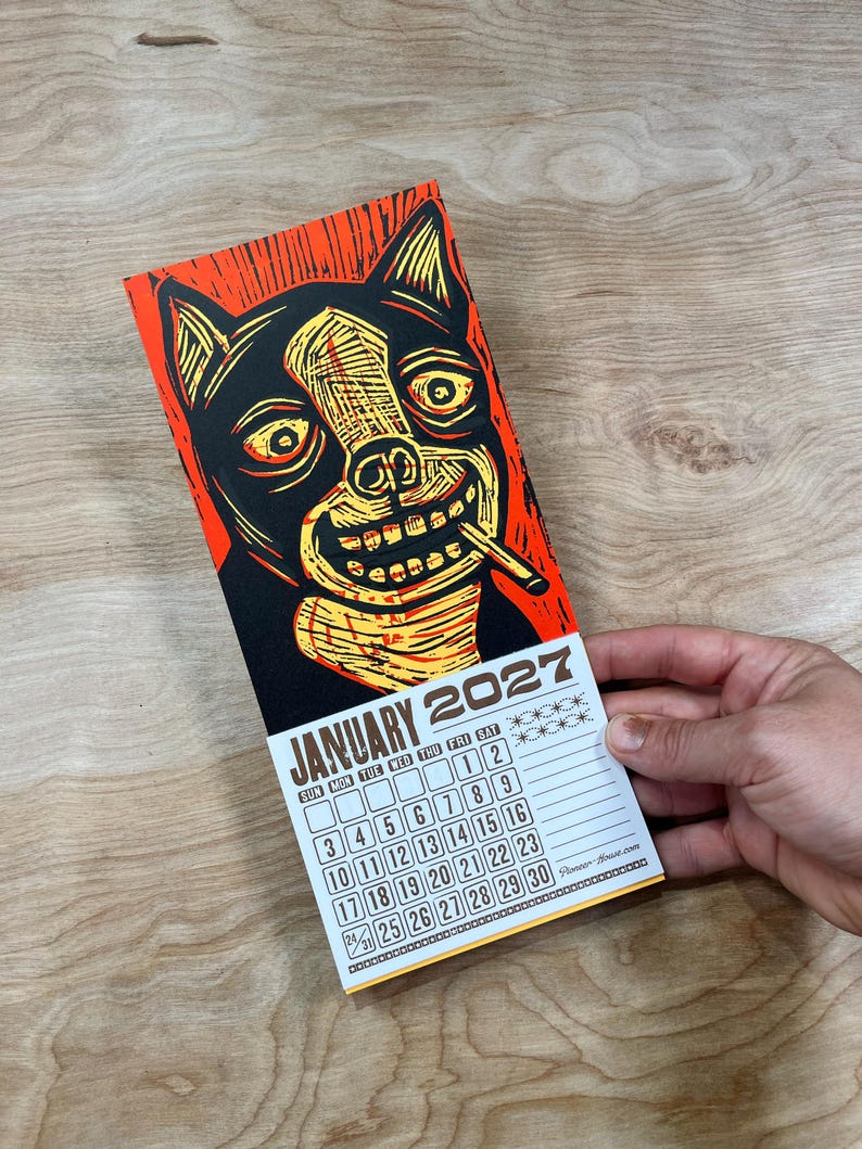 SMOKING DOG CALENDAR 2027 Hand Printed Letterpress, small woodcut, canine lovers gift, pet people, funny dogs, secret santa stocking stuffer bild 1